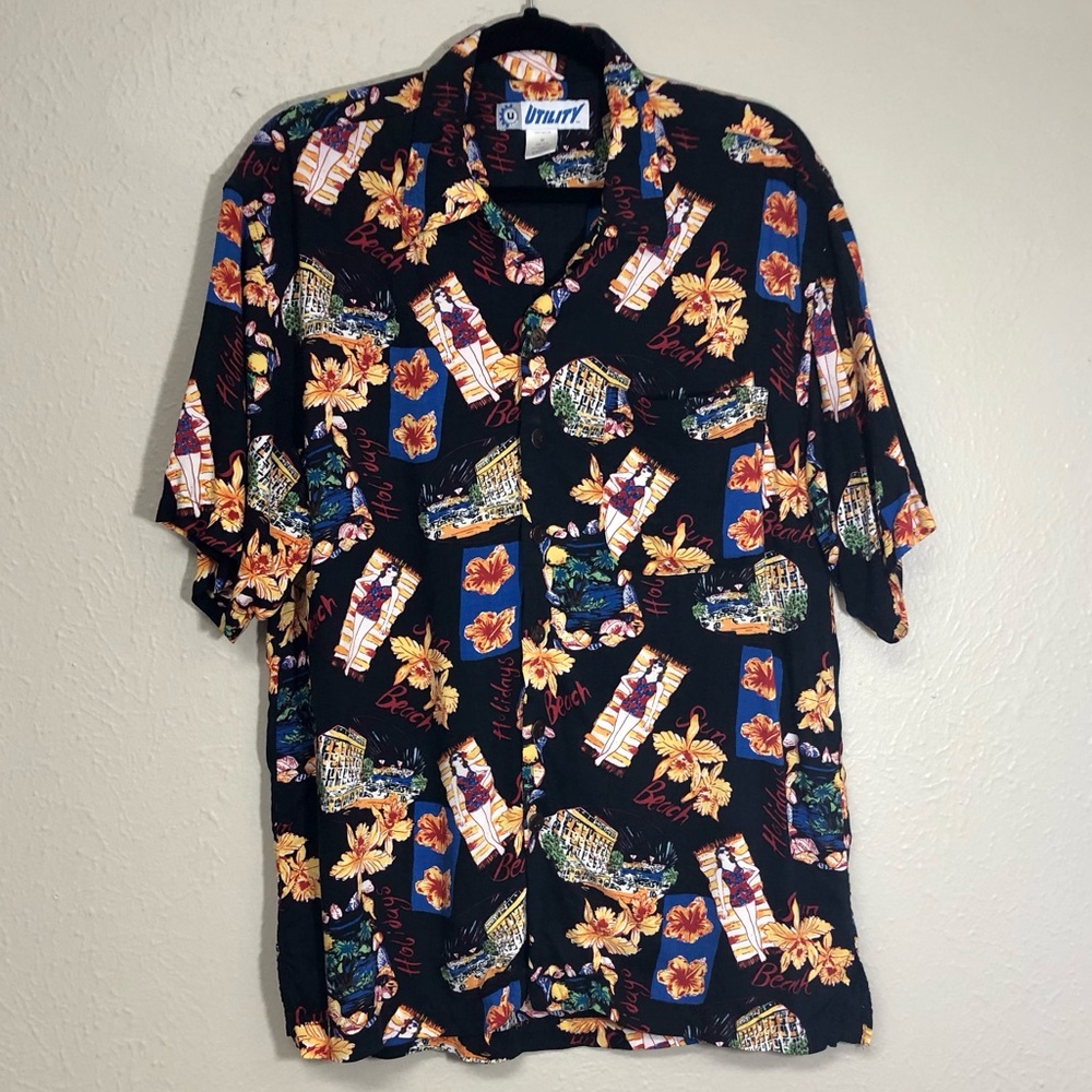 Beach bum holiday vacation hawaiian print button down dadcore sightseeing top L